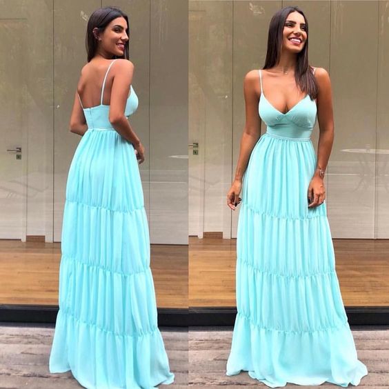 Green V Neck a line Prom Dresses with spaghetti strap  cg6210