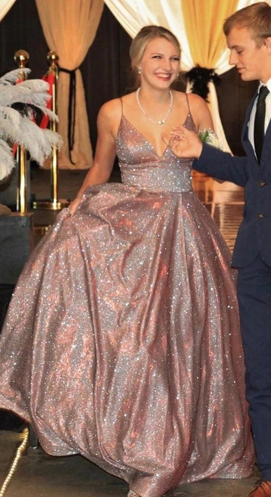 Rose Gold V Neck Long Prom Dress Glitter Evening Dress  cg6222