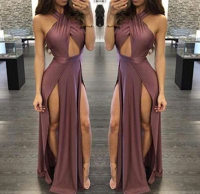 Sexy A Line Prom Dress Halter Sleeveless Side Slit Evening Formal Gowns  cg6256