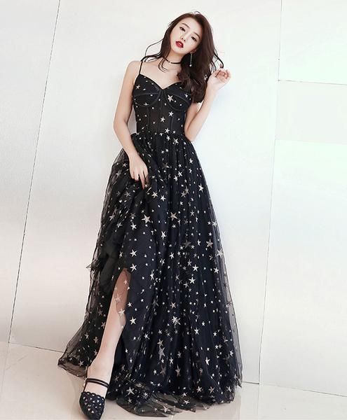 Black v neck tulle long prom dress, black evening dress  cg628
