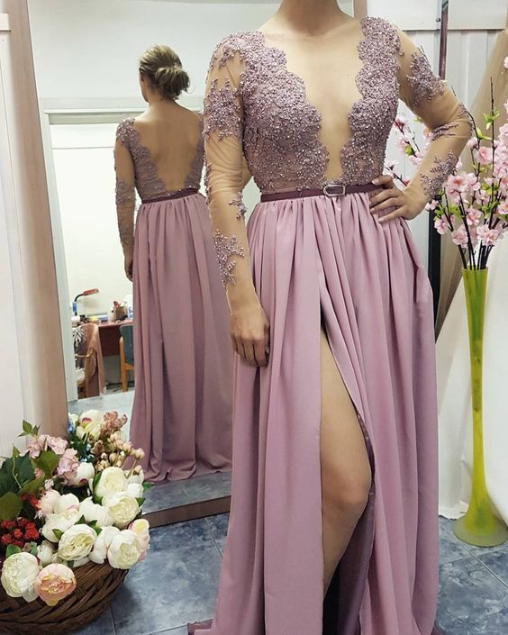 Lace Appliqed See-through Bodice Prom Dresses,Long Sleeves Prom Dresses with Slit   cg6288