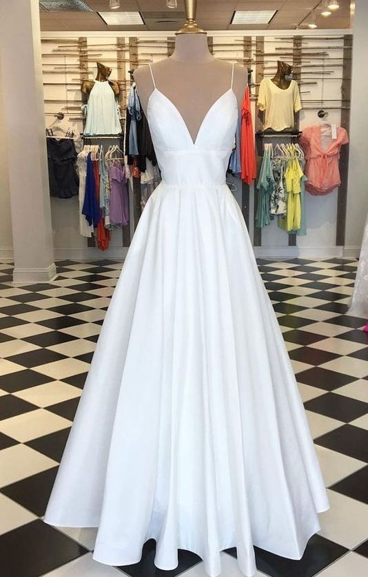 Simple A-Line V Neck White Prom Dresses,Satin Long Formal Dresses  cg6292