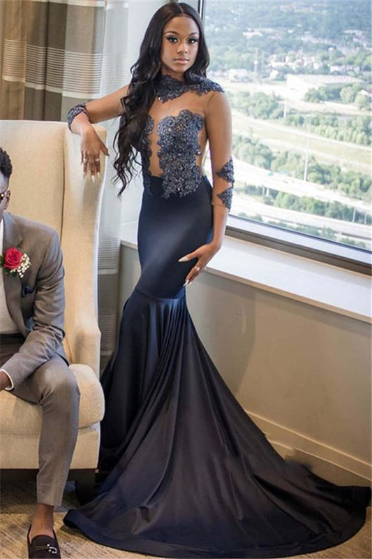 2020 Navy Blue High Neck Long Sleeve Applique Beaded See Through Satin Mermaid/Trumpet Prom Dresses  cg6296