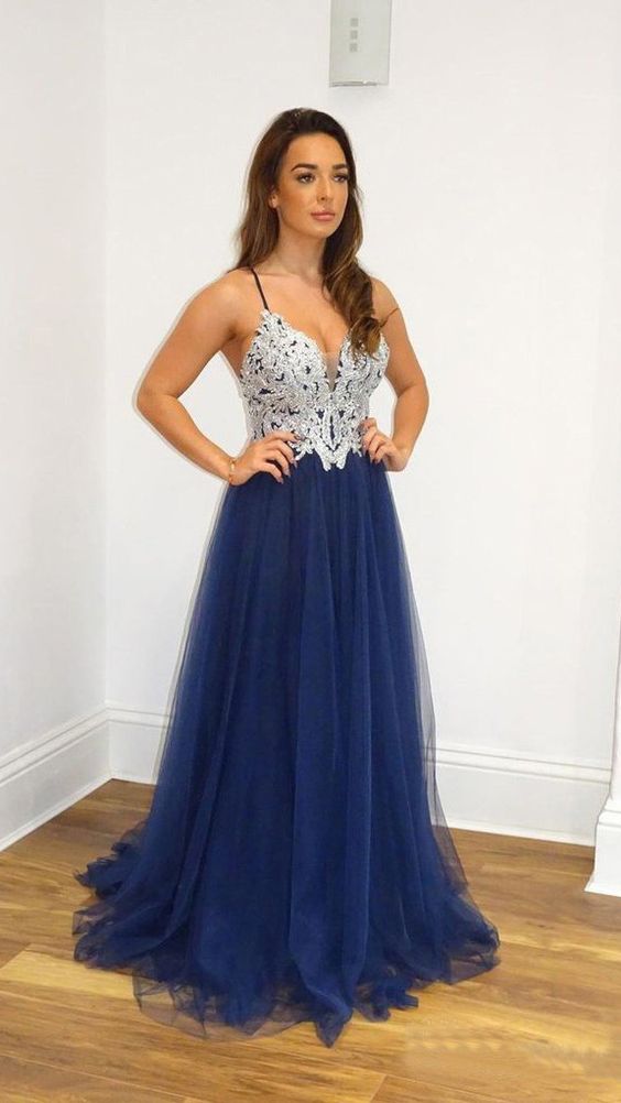 A Line Navy Blue Tulle Prom Dresses Spaghetti Straps Long Prom Gown  cg6297
