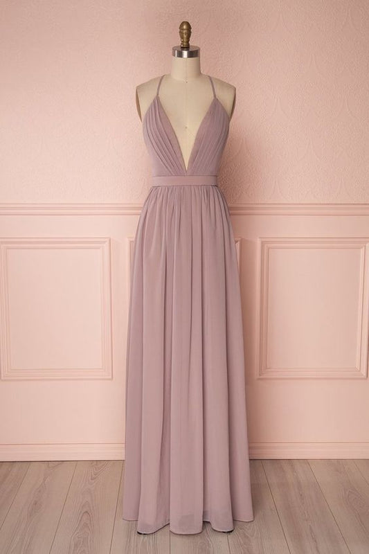 Flowing Lalic Chiffon Pleats Open Back Plunging Neckline Prom Dress  cg6302