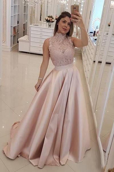 High Neck Prom Dresses A Line Satin Appliques  cg6311