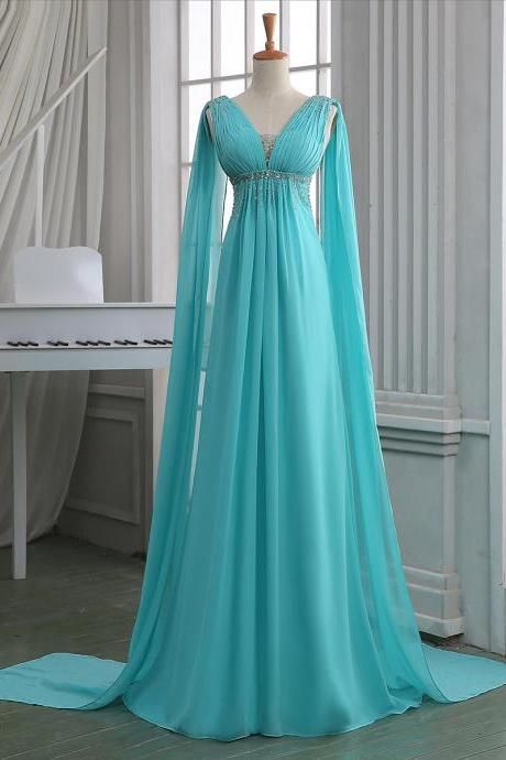 Sequins Ruched V Neck Empire Prom Dress, Turquoise Floor Length Sweep Train Prom Dress, Unique Lace-up Long Chiffon Prom Dress  cg6314
