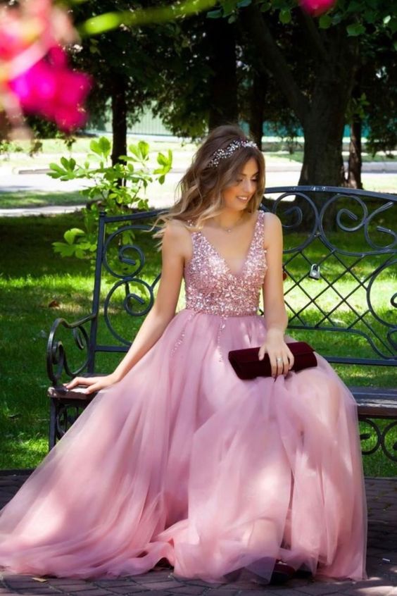 gorgeous pink formal prom gown with v neckline, sequins bodice, tulle skirt and lace up back  cg6344