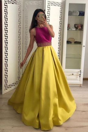 Stunning A Line Satin Yellow Beaded Sleeveless Long Prom Dresses  cg6349