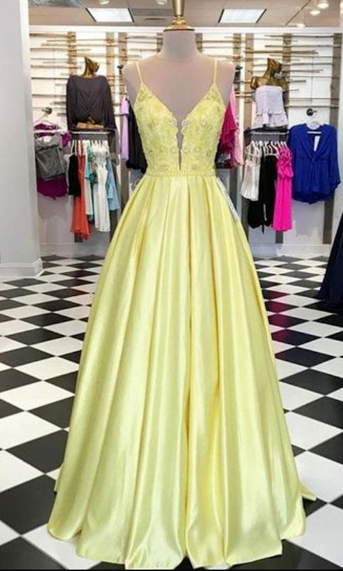 Unique yellow satin V neck party dress, long | prom dresses  cg6367