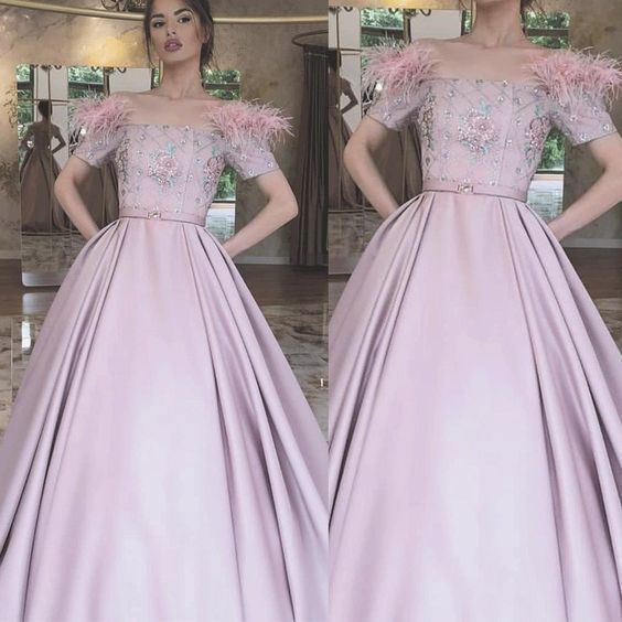 Pink prom dress ball gown short sleeve feather beaded boat neckline elegant prom gown  cg6382