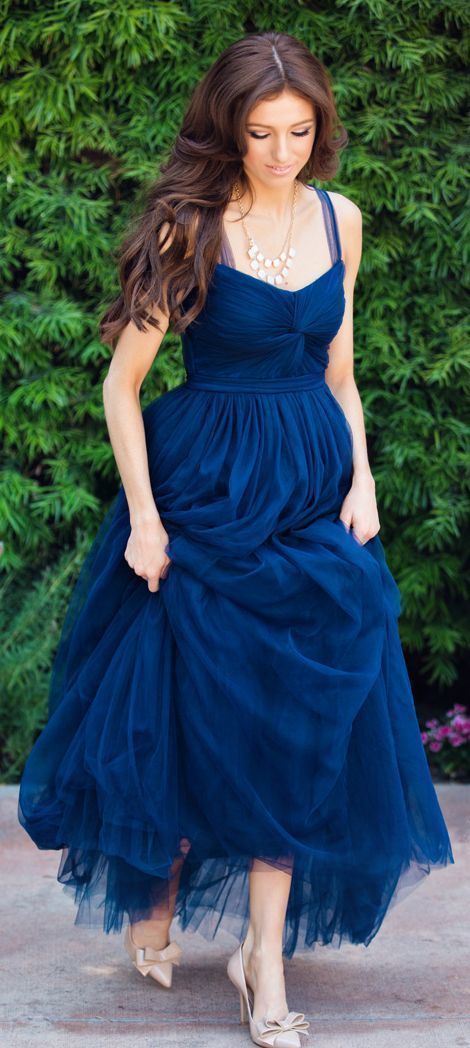 Navy Blue Tulle Long Prom Dress  cg6386