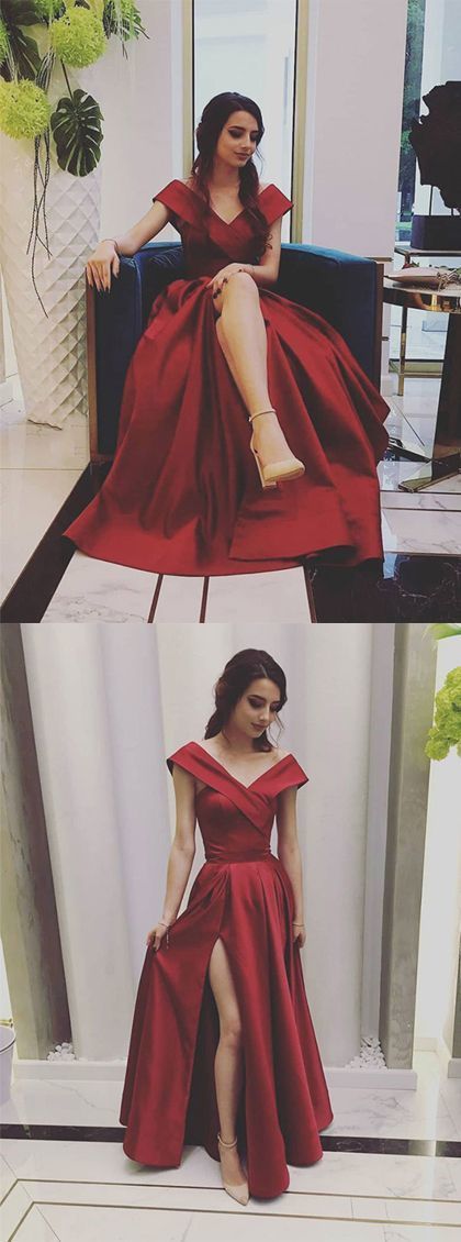 Stylish A Line V Neck Red Prom Dresses Long with Split Front Evening Dresses  cg6398