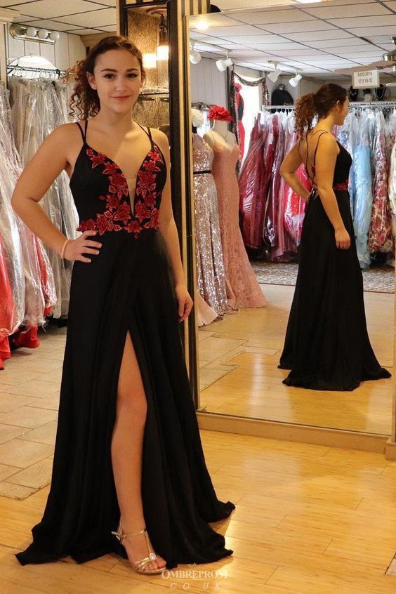 Fashion Split Slit A Line Black Prom Dress with Appliques, Long Evening Dress  cg6428