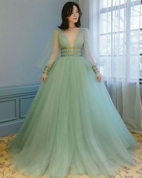 Green tulle prom dress deep v neck party dress puffy sleeves A-line gown  cg6434