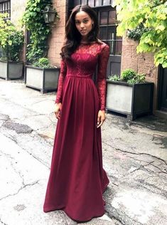 Prom Dresses Classy, Round Neck Dark Red Chiffon Dress with Lace Sleeves  cg6447