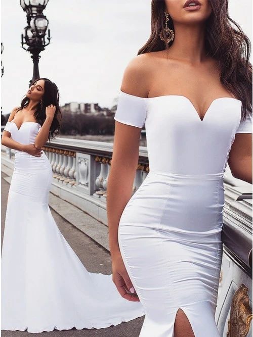 Simple Mermaid Off Shoulder White Sweep Train Split Prom Evening Party dress  cg6478