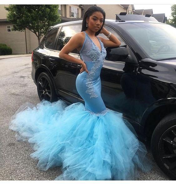 Sexy Mermaid Blue V Neck Tulle Prom Dresses With Appliques African American Prom Dresses  cg6480