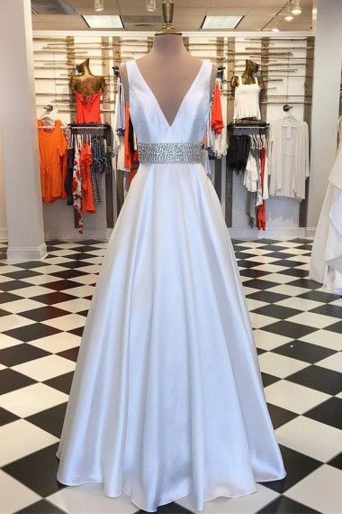 V-Neck Floor-Length White Satin Prom Dress with Beading  cg6482