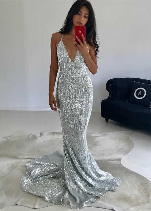 Shiny A Line Spaghetti Straps Sequin Long Prom Dress, Evening Dress C8083 main image 0