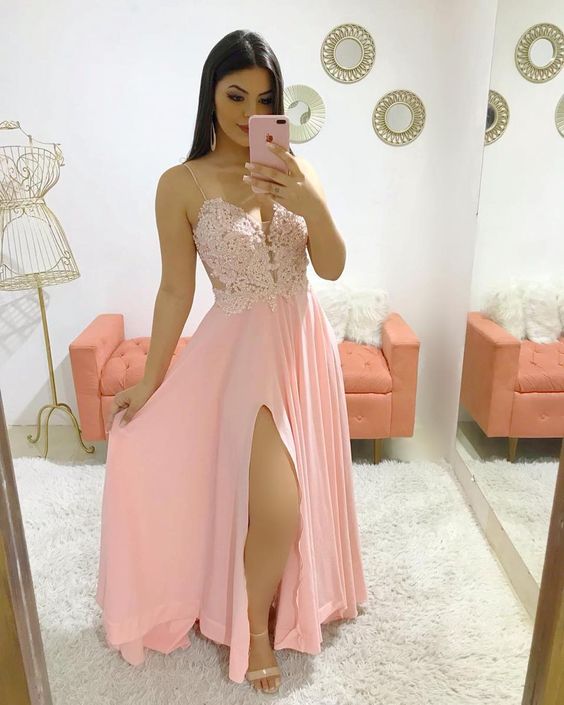 Pink Side Split Formal Prom Dresses Women Party Gowns   cg6505