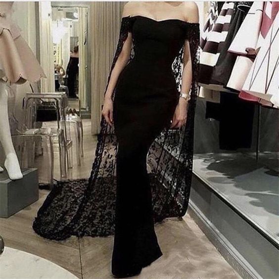Mermaid Black Lace Cloak Off Shoulder Prom Dress,Strapless Evening Dress   cg6521