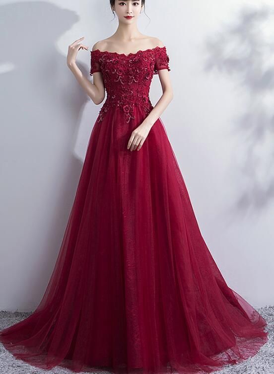 Wine Red Off Shoulder Tulle And Lace Evening Gowns, Beautiful Formal prom Dresses   cg6524