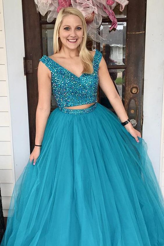 Two Piece Turquoise Beaded A Line Tulle Prom Dress  cg6557