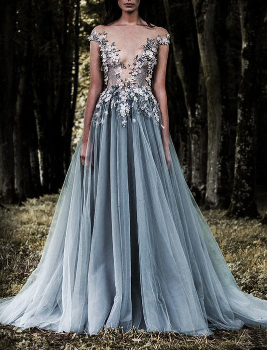 Appliques Prom Dress,Tulle Prom Dresses,Deep V-neck Prom Dress  cg6565