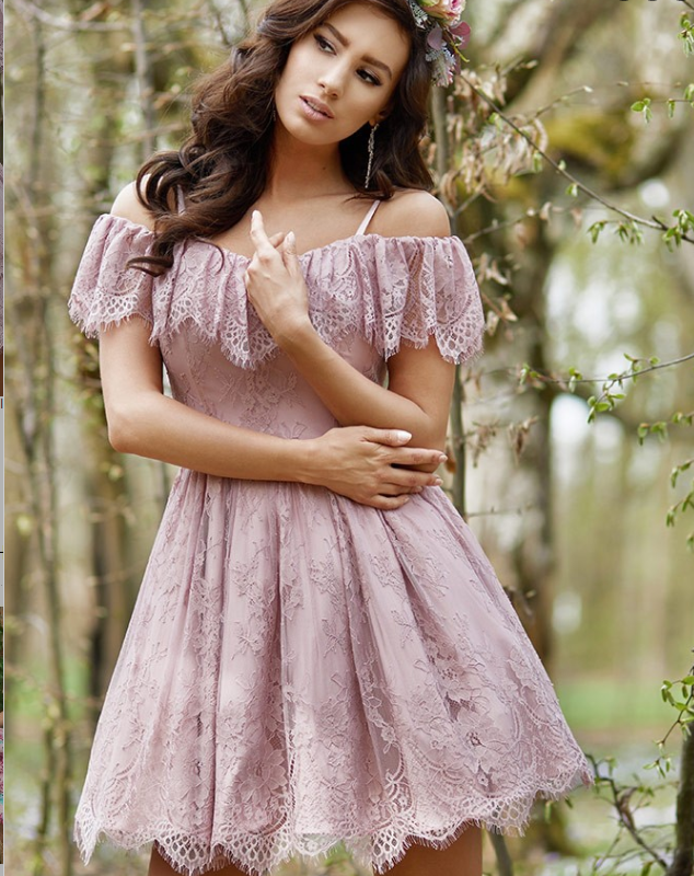 A-Line Purple Lace Homecoming Dress with Ruffles cg657