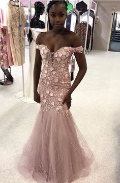 Elegant Off Shoulder Appliques Mermaid Pink Long Prom Dress  cg6603