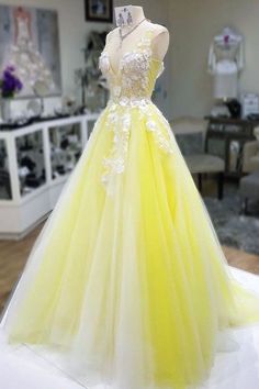 Yellow V Neck Long Prom Dress   cg6640