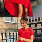 A-Line Round Neck Short Sleeves Red High Low Homecoming Dresses With Lace cg667