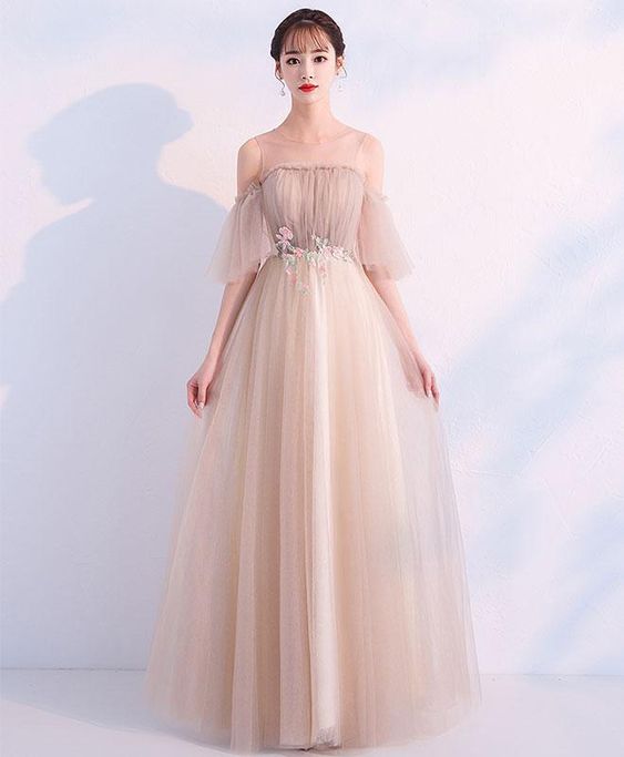 Elegant champagne round neck tulle long prom dress, champagne tulle evening dress  cg6677