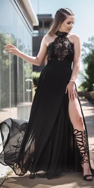Black Chiffon Lace Halter Side Slit A Line Formal Prom Dresses   cg6685