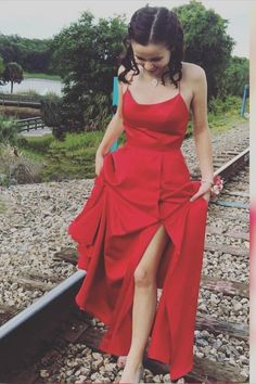 Gorgeous Straps Red Long Prom Dress with Slit  cg6698