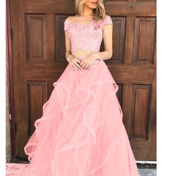Coral Pink Tired Crop Top Prom Dress For Teens Graduation Formal Gown with Lace  cg6700