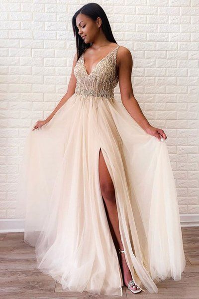 Glamorous A Line V Neck Light Champagne Long Prom/Evening Dresses with Beading  cg6712