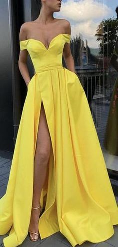 A-Line Sexy Split Yellow Elegant Long Satin Off Shoulder Prom Dresses  cg6717