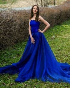 Royal Blue Tulle Strapless Long A Line Evening Dress, Prom Dress  cg6718