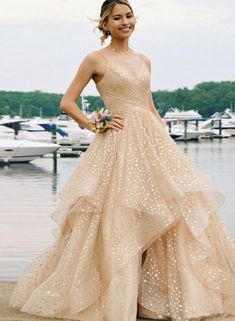 Champagne v neck tulle long prom dress, evening dress  cg6739