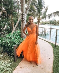 Straps Orange Boho Long Prom Dress  cg6760