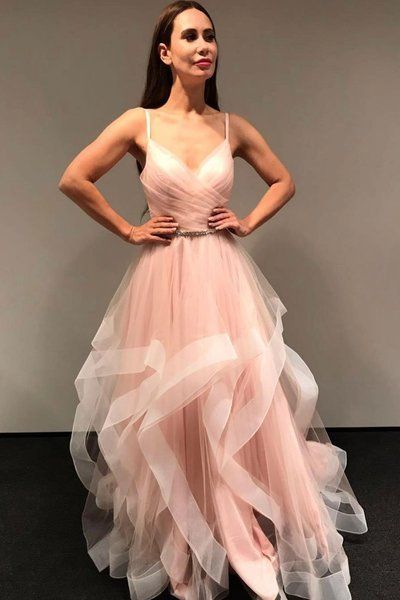 Charming A Line Spaghetti Straps Pink Long Prom Dresses with Ruffles Beading  cg6772