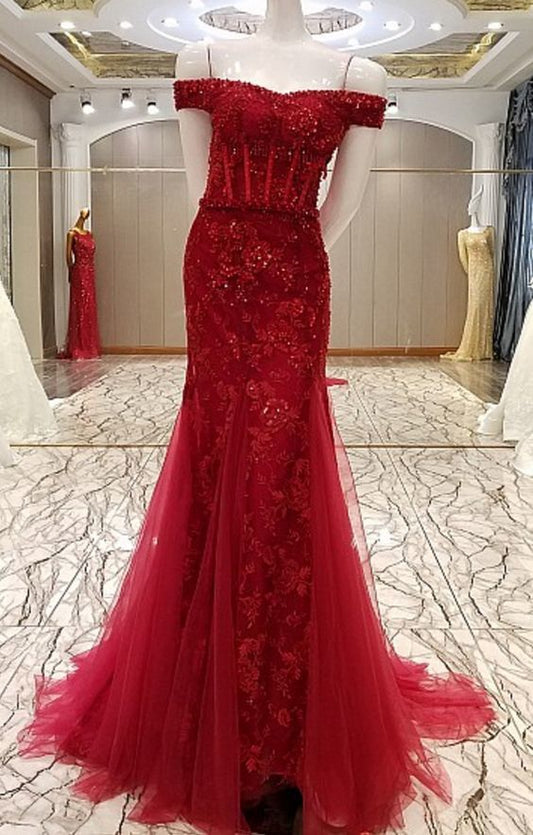 Mermaid Luxury Flowers Married Sexy Lace Fishtail Gown Evening Wine Formal Party prom Dress  cg6775