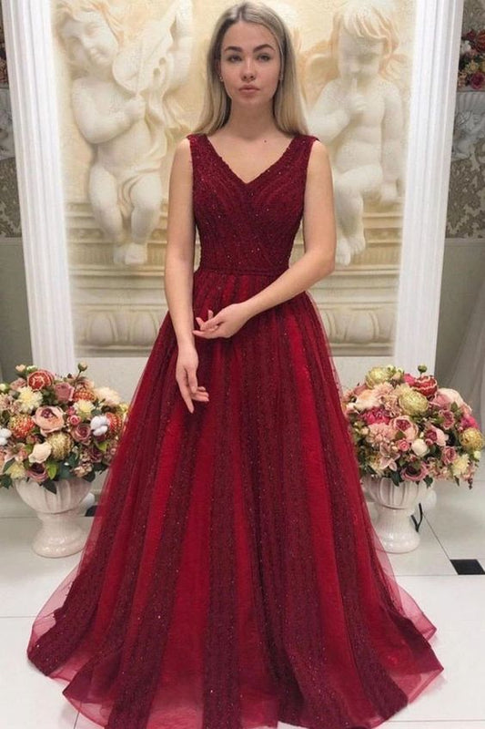 V Neck Sleeveless Beaded Prom Dresses Sweep Train Dresses  cg6783