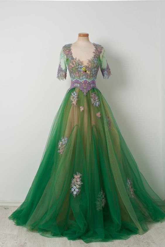 Pupel Appliques Half Sleeves Green Long Tulle prom Dress   cg6797