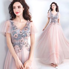 Short Sleeve Appliques Lace Beading Sequins Floor-Length / Long Ruffle Backless Formal prom Dresses  cg6798