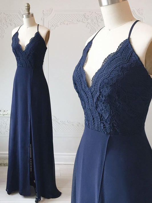 Spaghetti Straps Floor Length Navy Blue Lace Prom Dresses, Navy Blue Lace Formal Evening Bridesmaid Dresses cg680