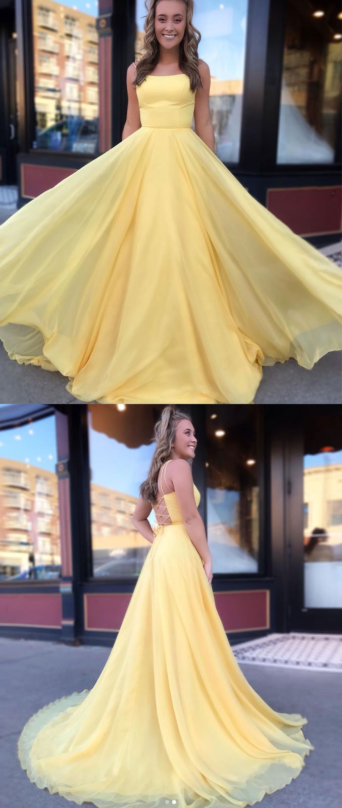 Simple yellow chiffon long prom dress, yellow evening dress cg681