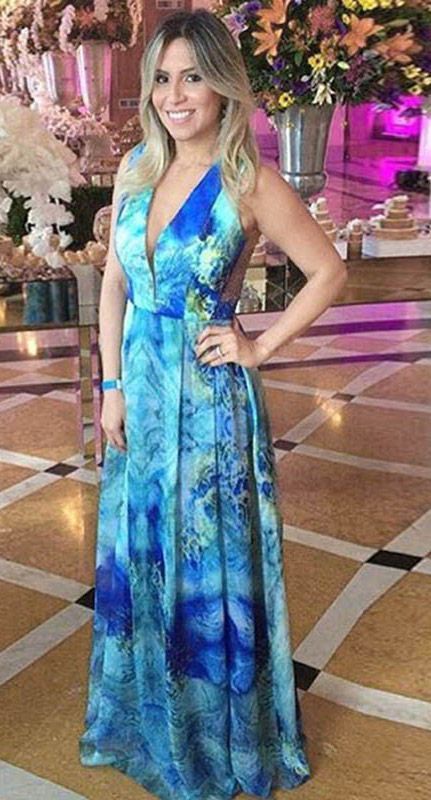 Blue Deep V-neck Pleated Printed Floor-length Prom Dress   cg6813